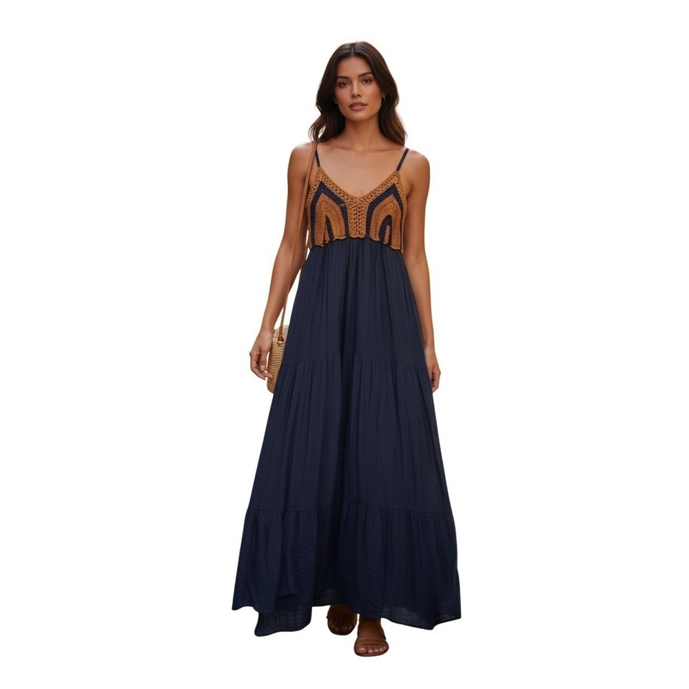 LOB Junio Navy Blue Crochet Bodice Tiered Maxi Dress Small Boho Summer Festival